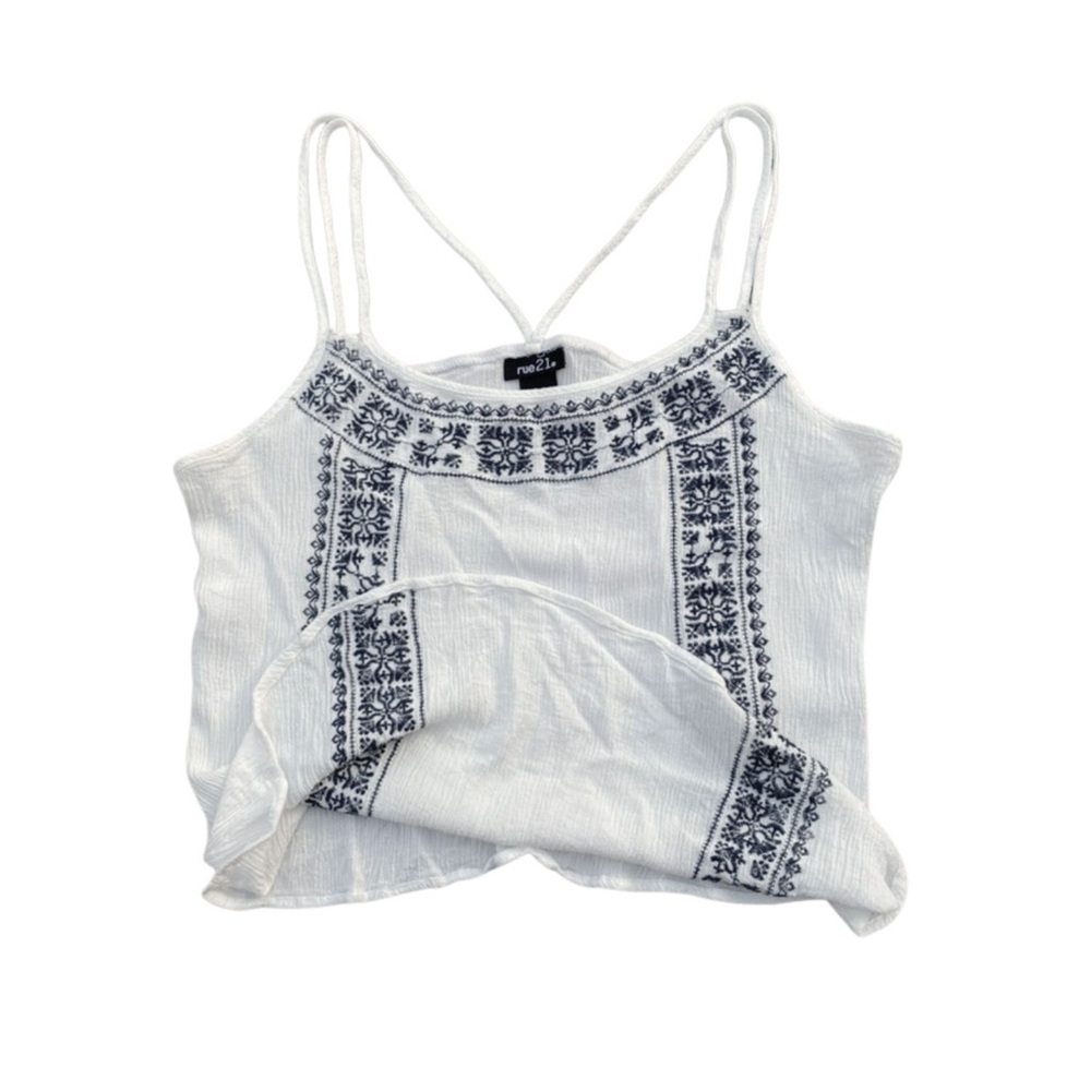 Rue 21 Boho White Blue Embroidered Crop Top Large Bohemian Shirt Criss Cross - Picture 4 of 10